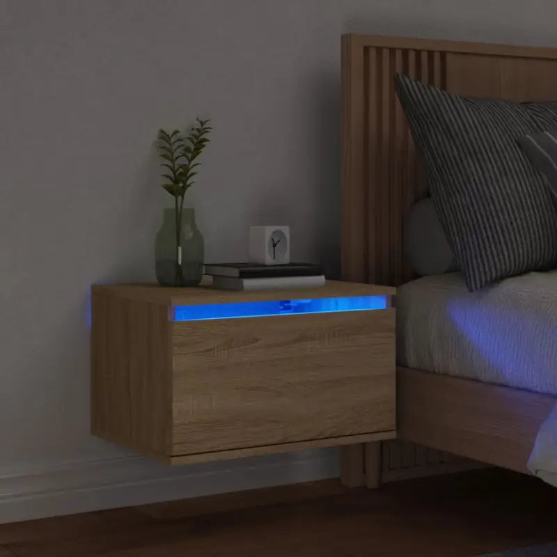 Wandgemonteerde nachtkastje in bewerkt hout met LED-verlichting - Sonoma eiken / 1 - Nachtkastjes