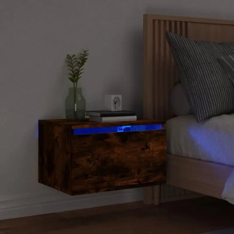Wandgemonteerde nachtkastje in bewerkt hout met LED-verlichting - Gerookt eiken / 1 - Nachtkastjes