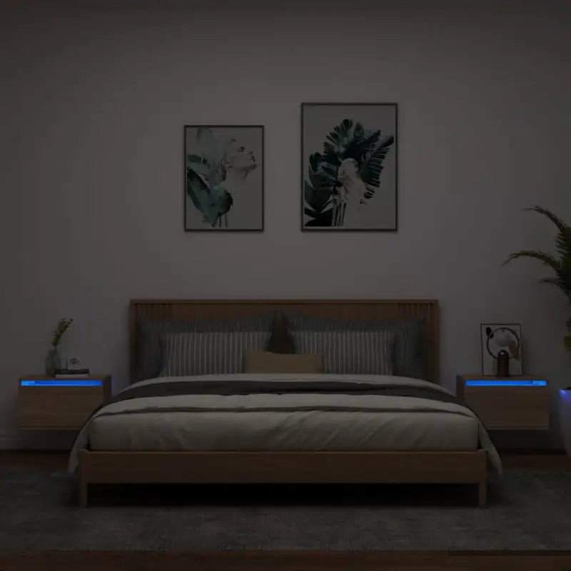 Wandgemonteerde nachtkastje in bewerkt hout met LED-verlichting - Sonoma eiken / 2 - Nachtkastjes