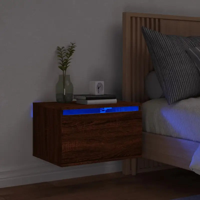Wandgemonteerde nachtkastje in bewerkt hout met LED-verlichting - bruin eikenkleur / 1 - Nachtkastjes