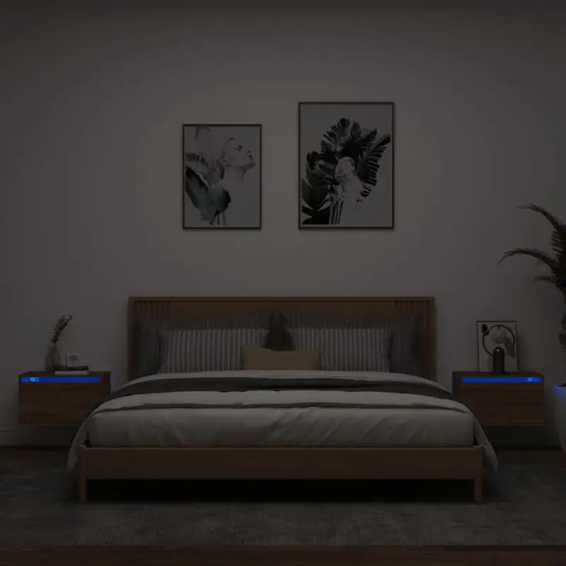 Wandgemonteerde nachtkastje in bewerkt hout met LED-verlichting - bruin eikenkleur / 2 - Nachtkastjes