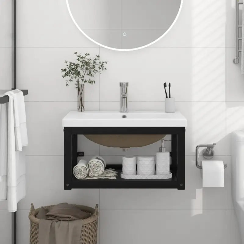 Wandgemonteerde wastafelframe van gepoedercoat ijzer met strakke uitstraling - Zwart / 59 x 38 x 31 cm / 1