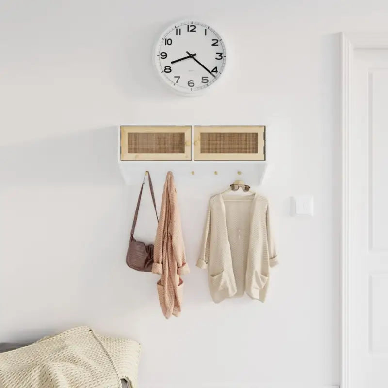 Wandkapstok met natuurlijk rattan en stevig blad voor opbergruimte - Wit / 1 - Wandplanken
