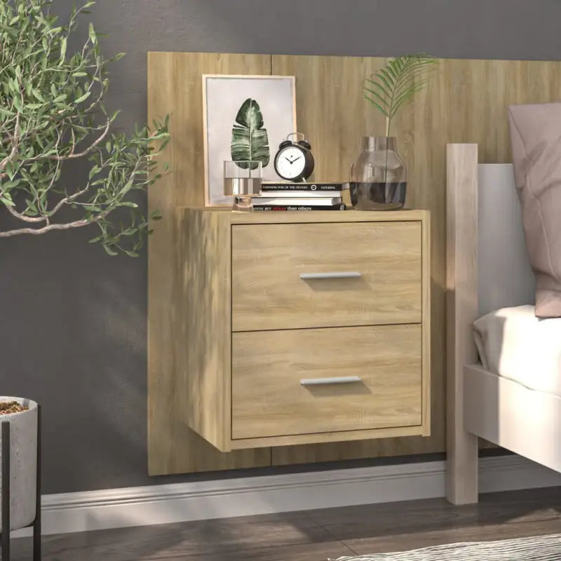 Wandnachttafeltje van bewerkt hout voor maximale slaapkamerspatie - Sonoma eiken / 1 - Nachtkastjes