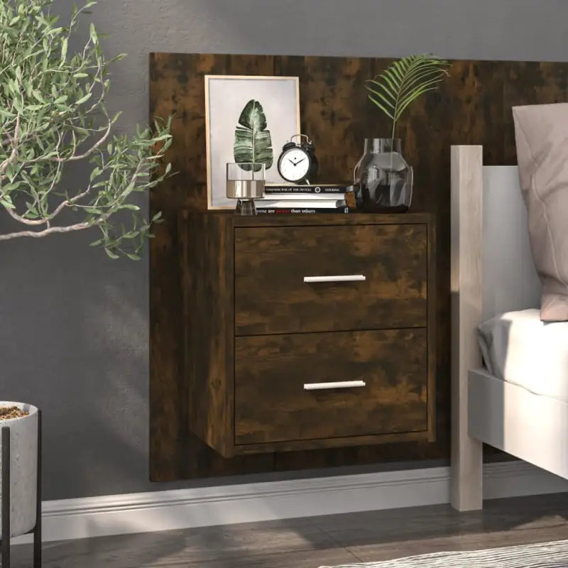 Wandnachttafeltje van bewerkt hout voor maximale slaapkamerspatie - Gerookt eiken / 1 - Nachtkastjes
