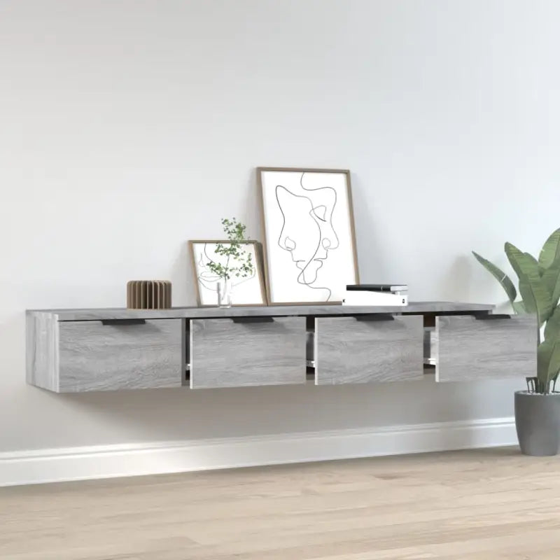 Wandplanken van grijs sonoma eiken voor een strakke woonkamer uitstraling - Wandplanken