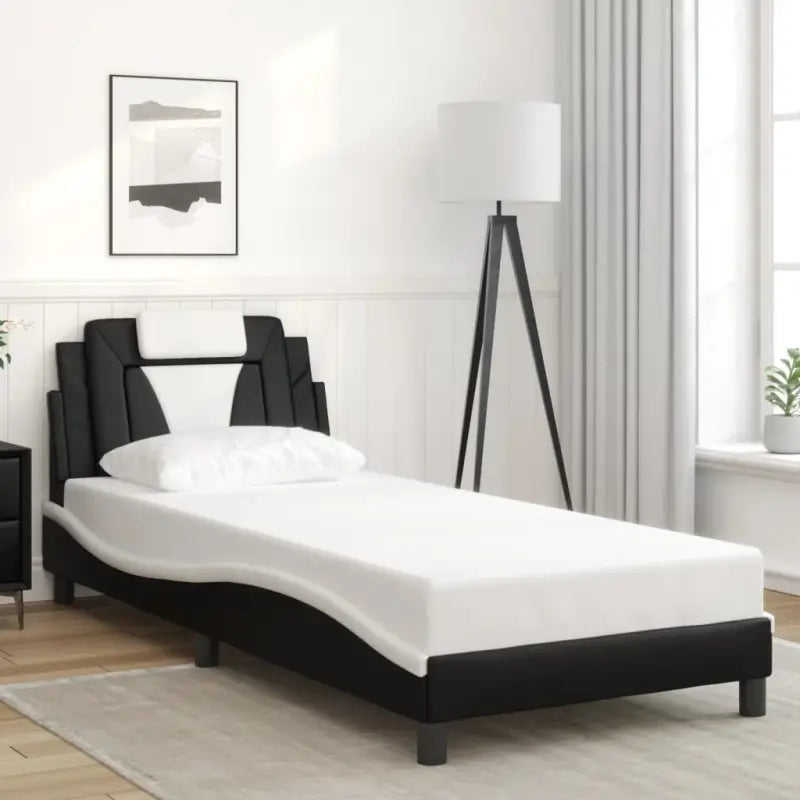 Zwart bedframe met hoofdeinde en multiplex lattenbodem voor comfortabel slapen - Zwart en wit / 80 x 200 cm - Bedden &