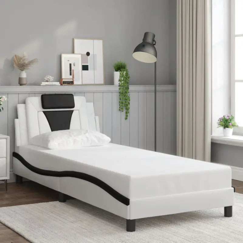 Zwart bedframe met hoofdeinde en multiplex lattenbodem voor comfortabel slapen - Wit en zwart / 90 x 190 cm - Bedden &