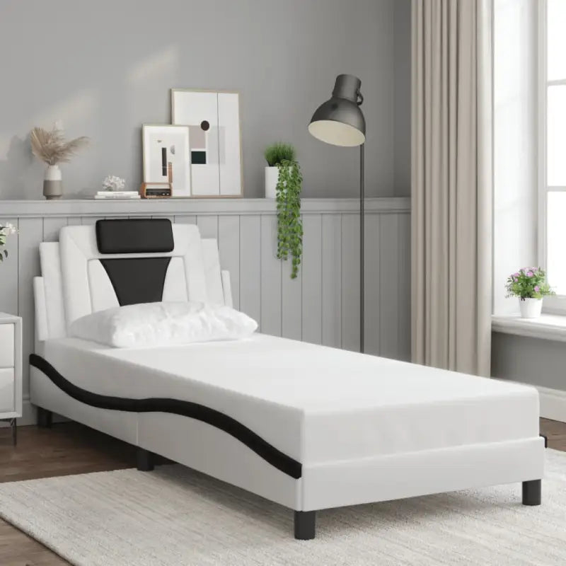 Zwart bedframe met hoofdeinde en multiplex lattenbodem voor comfortabel slapen - Wit en zwart / 80 x 200 cm - Bedden &
