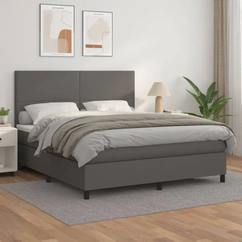 Zwart Kunstleer Boxspringbed met schuim vulling en ideale afmetingen - Grijs / 180 x 200 cm / Effen ontwerp - Bedden &