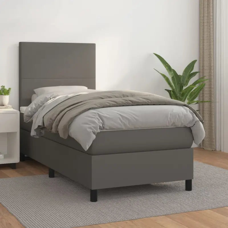 Zwart Kunstleer Boxspringbed met schuim vulling en ideale afmetingen - Grijs / 90 x 200 cm / Effen ontwerp - Bedden &