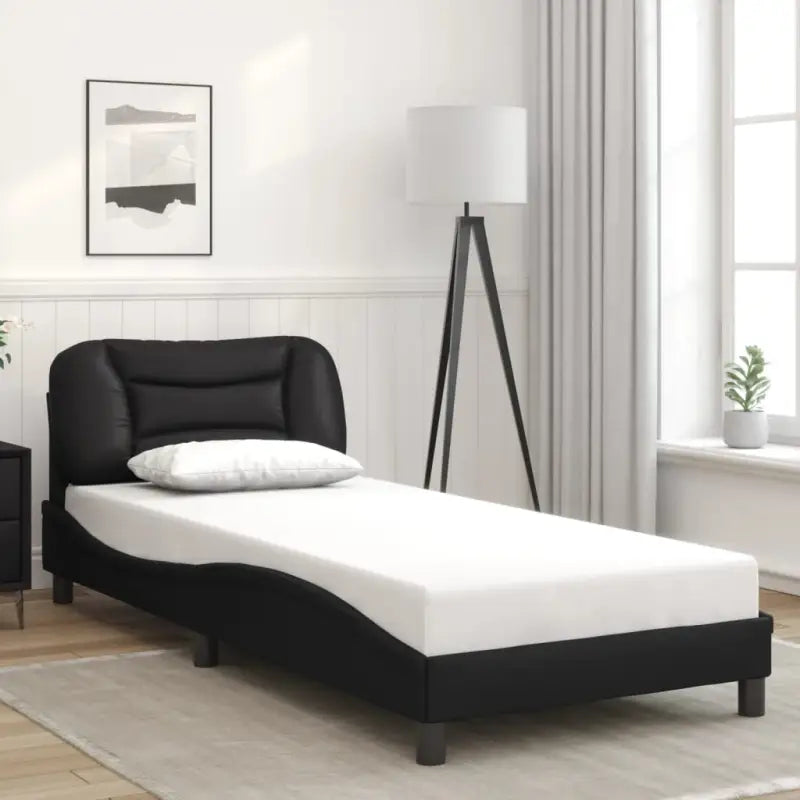 Zwart materiaal bedframe met hoofdeinde en multiplex lattenbodem - Zwart / 90 x 190 cm - Bedden & bedframes