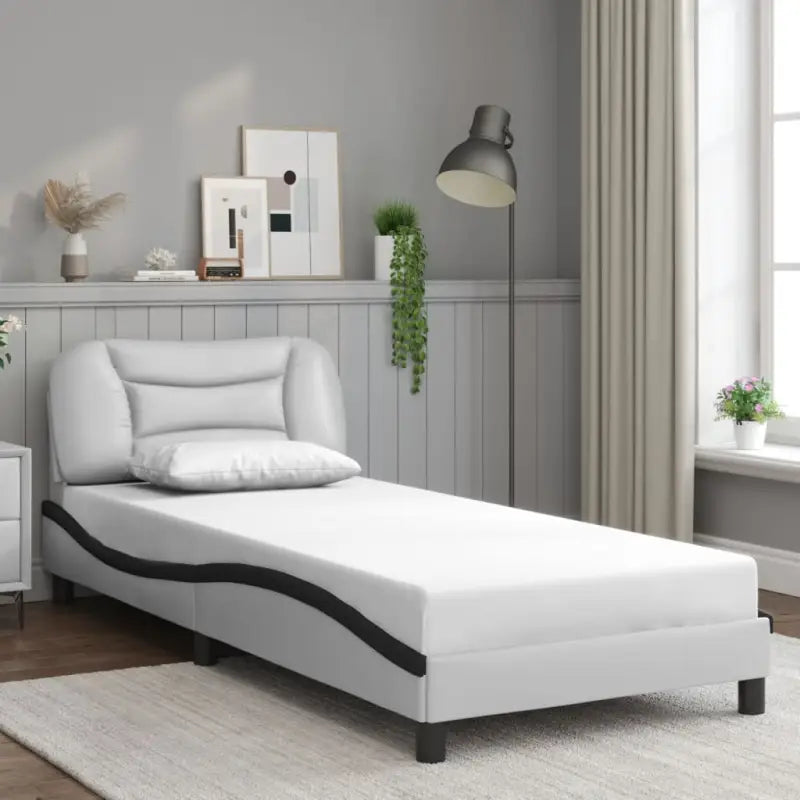 Zwart materiaal bedframe met hoofdeinde en multiplex lattenbodem - Wit en zwart / 90 x 200 cm - Bedden & bedframes