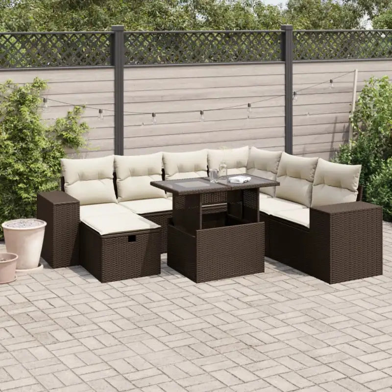 Zwart materiaal loungeset met gepoedercoat staal en comfortabele afmetingen - Bruin en crème / Met tafel - Tuinsets