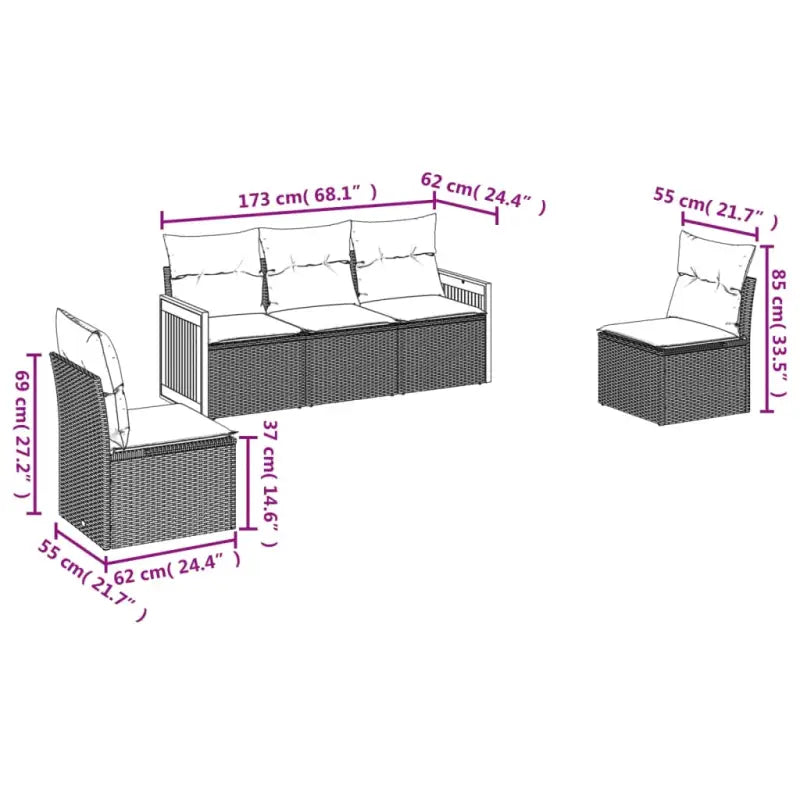 Zwart materiaal loungeset met poly rattan en gepoedercoat staal afmetingen - Tuinsets