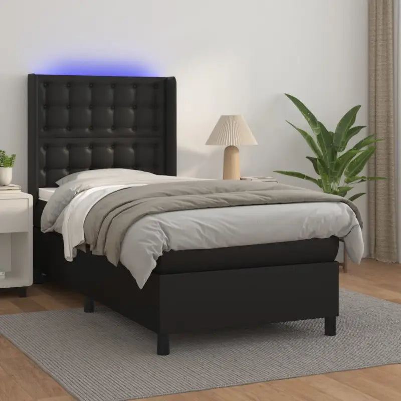 Zwart materialen boxspring met matras en LED voor een rustgevende slaapkamer - Zwart / 90 x 190 cm / knoppwn - Bedden &
