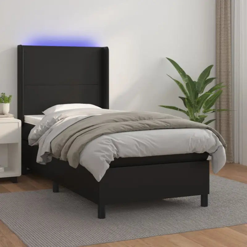 Zwart materialen boxspring met matras en LED voor een rustgevende slaapkamer - Zwart / 90 x 190 cm / Effen ontwerp