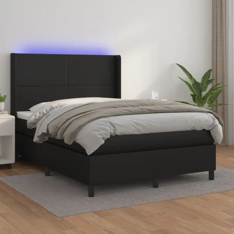Zwart materialen boxspring met matras en LED voor een rustgevende slaapkamer - Zwart / 140 x 190 cm / Effen ontwerp