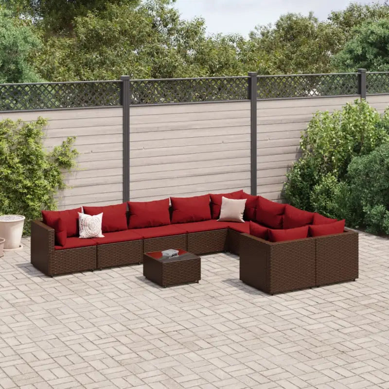 Zwart materialen loungeset met gepoedercoat staal en comfortabele afmetingen - Bruin en rood / 4x hoek + 5x midden