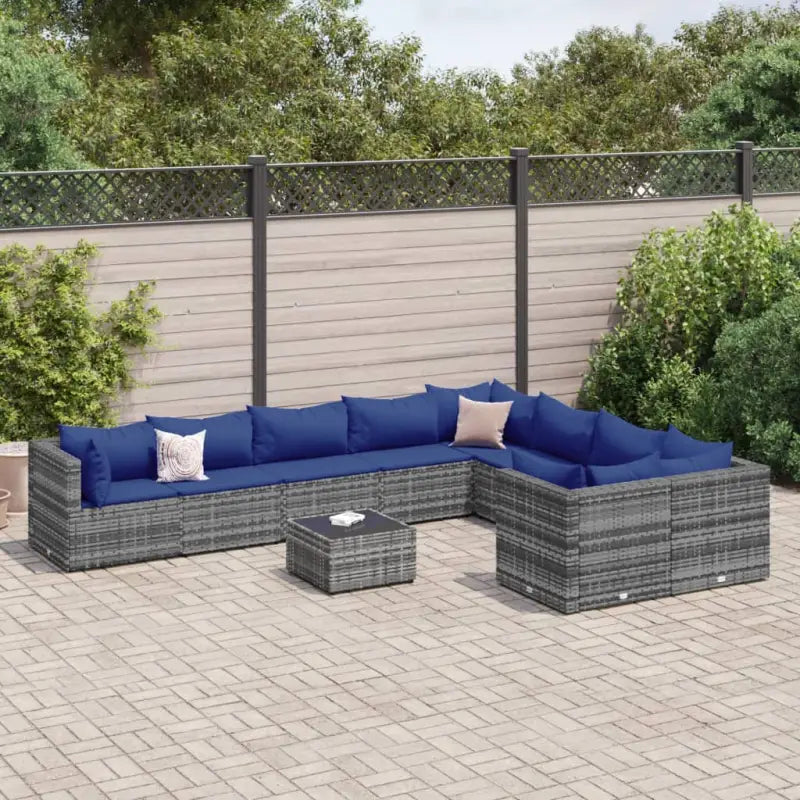 Zwart materialen loungeset met gepoedercoat staal en comfortabele afmetingen - Grijs en blauw / 4x hoek + 5x midden