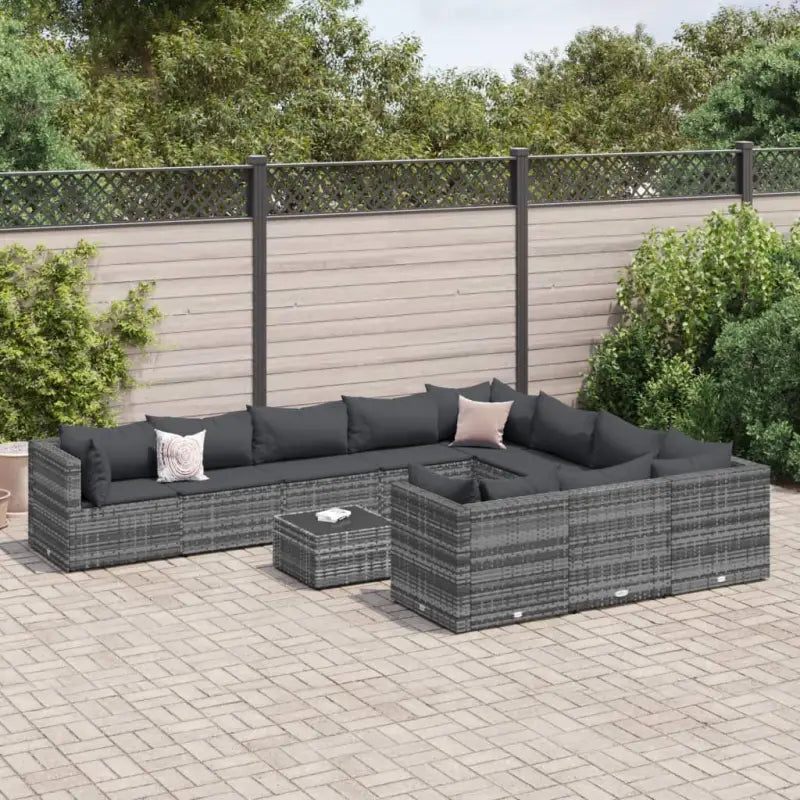 Zwart materialen loungeset met gepoedercoat staal en comfortabele afmetingen - Grijs / 4x hoek + 6x midden + Tafel