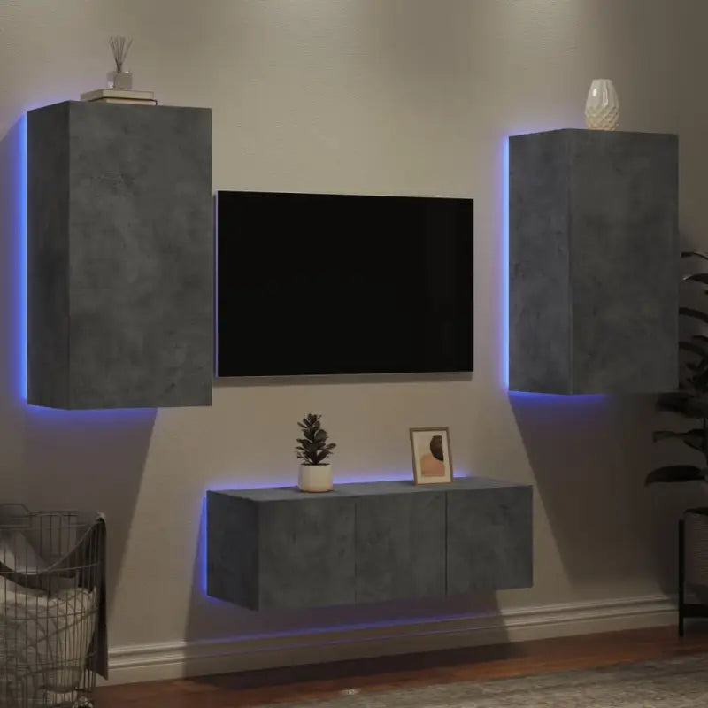 Zwevend tv-meubel met rgb led-verlichting en bewerkt hout - Betongrijs / 1 - Tv-meubels