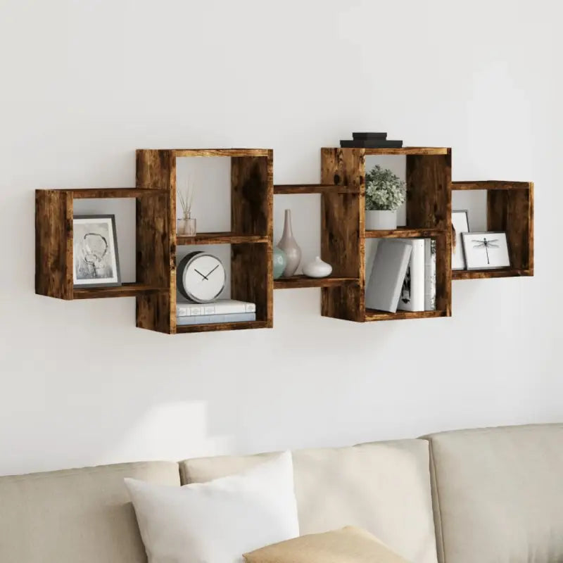 Zwevende schap van bewerkt hout voor maximale ruimtegebruik in huis - Gerookt eiken / 129 x 18 x 42 cm / 1 - Wandplanken